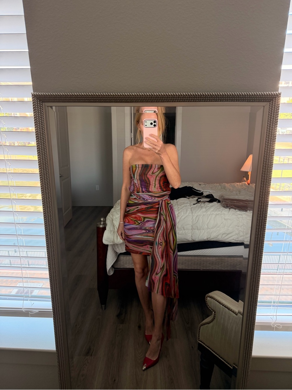Elliatt Strapless Swirl-Print Mini Dress in Pink and Red